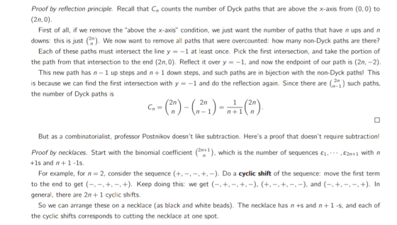 Proof by reflection principle. Recall that C counts the number of Dyck paths that are above the x-axis from (0,0) to (2n, 0)