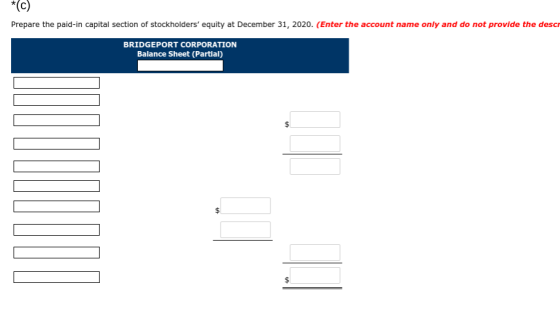 Prepare the paid-in capital section of stockholders equity at December 31, 2020. (Enter the account name only and do not provide the desci BRIDGEPORT CORPORATION Balance Sheet (Partial)