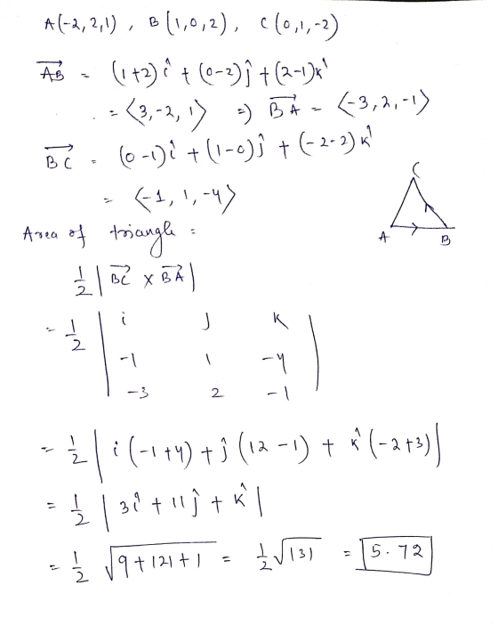 A(-2,2,1), B(1,0,2), ((0,1,-2) (1+2)? (0-2) + (-x) (-3,2,-1) AB 3,-2,) =) B (0-1) i +(1-0)j + (-2-2) «? PC. 61,1,-4) Arrea o