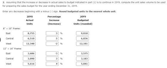 2. Assuming that the increase or decrease in actual sales to budget indicated in part (1) is to continue in 20Y9, compute the