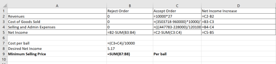 B Reject Order 1 2 Revenues 3 Cost of Goods Sold 4 Selling and Admin Expenses 5 Net Income 6 7 Cost per ball 8 Desired Net In