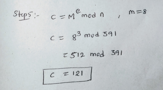 Steps: came modn , m=8 c= 83 mod 391 512 mod 391 Tc 2121 |
