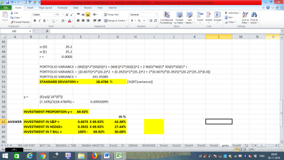 - 2x Σ AutoSum : A Fill 2 Clear Sort & Filter Editing Find & Select M N O OPTIMAL RISKY PORTFOLIO VC AMORT SINKING JORDAN - M