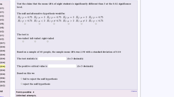 Test the claim that the mean GPA of night studentsis significantly differ ent than 3 at the 0.02 significance level ר o/1) Th