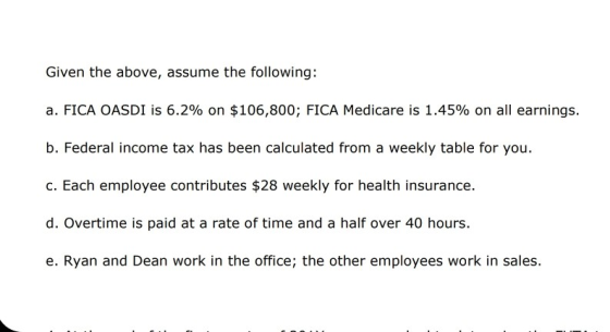 Given the above, assume the following: a. FICA OASDI is 6.2% on $106,800; FICA Medicare is 1.45% on all earnings. b. Federal