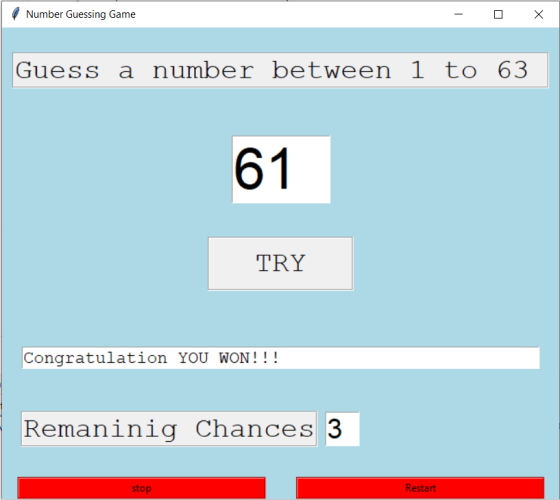 Number Guessing Game Х Guess a number between 1 to 63 61 TRY Congratulation YOU WON!!! Remaninig Chances 3 stop Restart