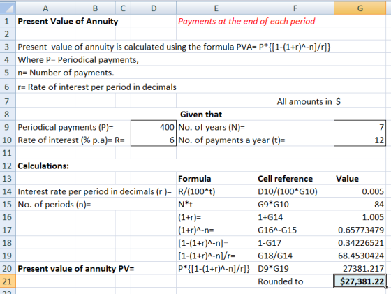 A B C D 1 Present Value of Annuity Payments at the end of each period 2 3 Present value of annuity is calculated using the fo