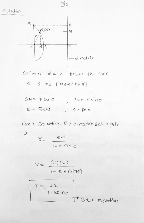 HIS Solution E P(8,0) IN S NA directrix Given d=2 Below the pole e= 6 > 1 [Hyperbola SN= roso PN=8sino s Focus pe pole. Conic