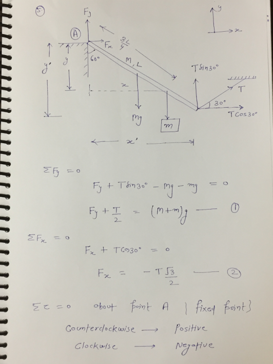 ML Tsin30° ST 2 300 TCOS 30° r - E Fy=0 Fy+ Things– mg - mg = 5y + I - (m+m), – 0 EFx = 0 Fx + T6930° = o Fx = -T53 - © Eł=0
