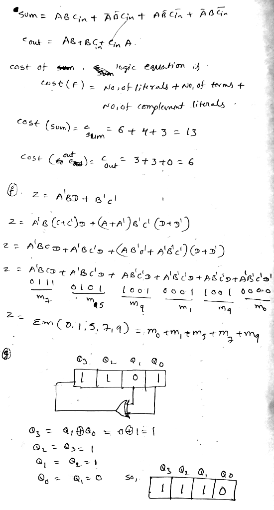 sum = = AB Sint AB ĀBin in Ain T ARCín + cout = AB + BC + (in A. of soon logic equation is cost (F): Nor of literals + No, o