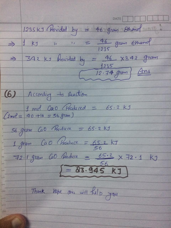 DATE 1235 DATE DD 1235 kJ Provided by = 46 grom Ethanol I ks - 46 gram Ethanol 342 KJ Rovided by = 46 X 342 gram 1235 a 12.
