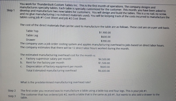 Step 1 You work for Thunderduck Custom Tables Inc. This is the first month of operations. The company designs and manufacture