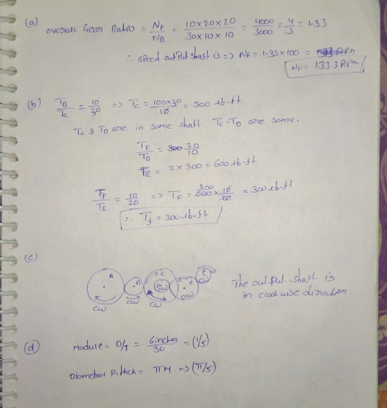 (a) overall hear Ratio - NF = 10x20x20 - 4000 = 4 = 1.33 NB 30x 10x 10- 3000 3 -1.33 speed out Pet Shast is =) NE= 1.33x100 –