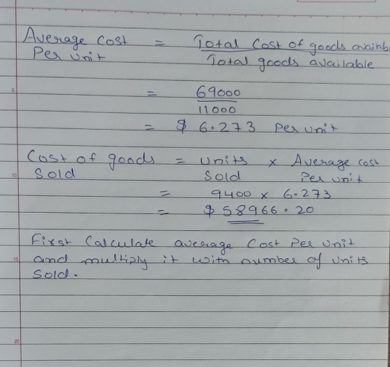 Average cost Per unit Total Cost of goods availabi Total goods available 5 69000 11000 $ 6.273 per unit Cost of goods 10 Sold
