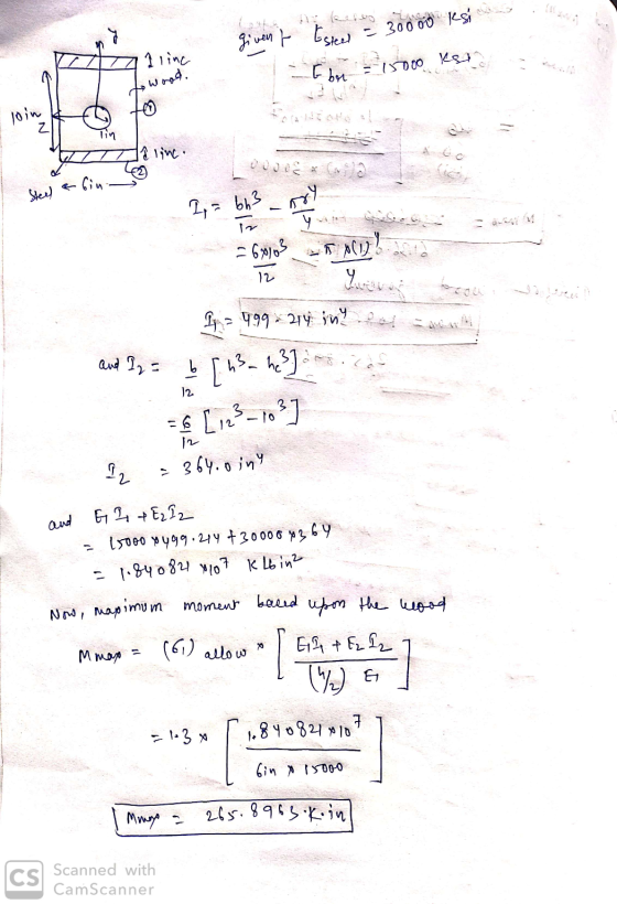 givent Escow = 30000 Resi 1 linc 1500 Ks LEO to wood. line Steel a bin- 1 = bh3 - ory 12 = 68103 Ls ( 1 1 ) ATZY D = 499- 214