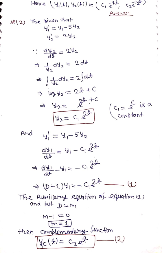 Flence (५९), ५. (A)) = ( Ca, ezt Answer *(2) The given that ५-५-542 ५ - 242 : 4 ने dY2- gya = 21. 4.dya 2 dt J+dy = 2fd → o