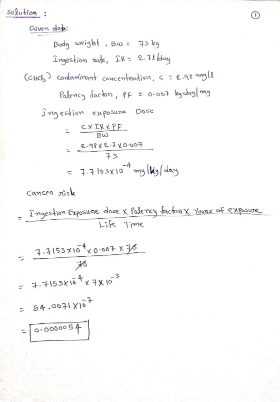- solution : Given data: Body weight ,Bw = 73 kg Ingestion sate, IR = 2.71 bay (CHCI) contaminant concentration, C=2.98 mgle
