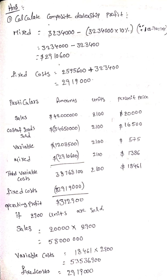 o Calculate Composite dealership profit; Mixed : 3234000 - (3234000 x 10:) (100-105187 :3234000 – 323400 -$29.10600 fixed cos