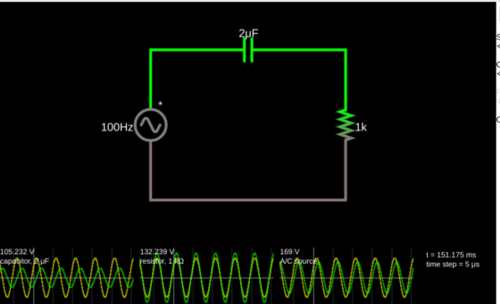 2uF 붉 C 100Hz(N 1k 105.232 V capacitor, Auf 132.239 V. resistor, 1 kg 169 V AC Source t = 151.175 ms time step = 5 us wamwWM