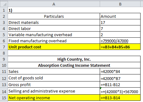 B 2 Amount 17 A 1 1) Particulars 3 Direct materials 4 Direct labor 5 Variable manufacturing overhead 6 Fixed manufacturing ov