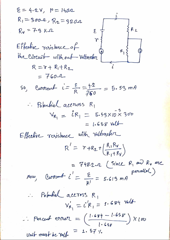 E=4.2V, p=1402 R.,=3000, R2=3200 Ry=7.3 kr C E 3 R2 + ITATE Effective resistance of the circuit with out Voltmeter R=x+ RitR2