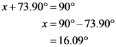 x+73.90º = 90°
x = 90° -73.90°
= 16.090