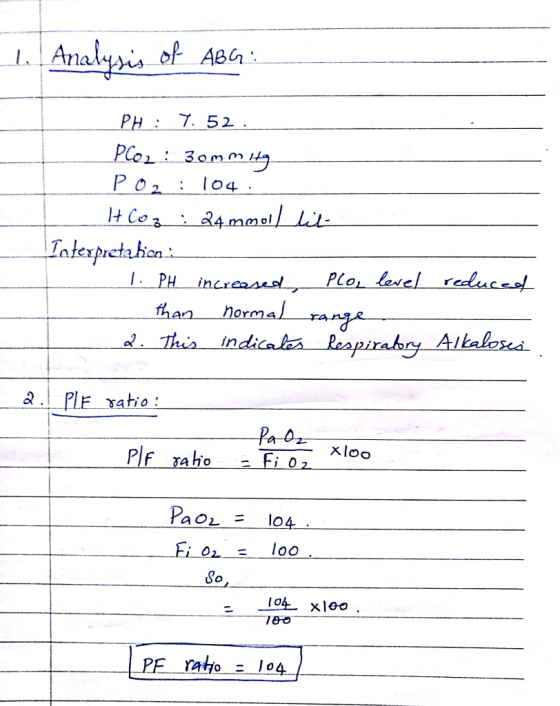 PH: 7. 52 Po: 1o4 I PH inc than hormal Aikalosd Pao104 80, PE ratio 104
