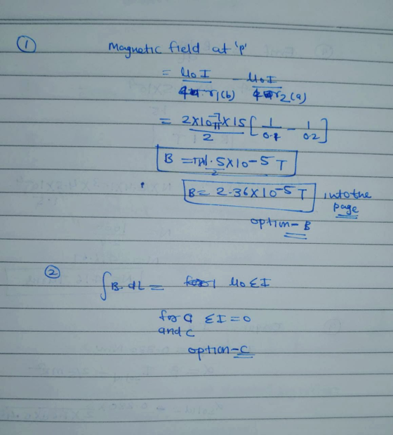 ALUTALII Magnetic field at p = lo I Hot 4 r (6) 2012(a) = 2x107x Is L 12 B =tal. Sx10-5T B2 2.36x105T into the o page o opti