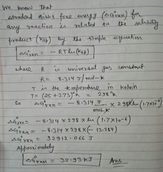 We know that standard Gibbs free energy (o gran) for any reaction is related to the salubility product (Ksp) by the simple eq