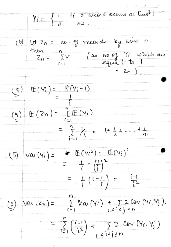 To it a record occus at limfi Veto owi - then n 1 (6 let zn = no. of recads by time n. 1 2n = Eli (as no of Yi which are equa
