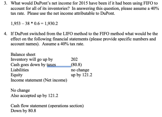 3. What would DuPonts net income for 2015 have been if it had been using FIFO to account for all of its inventories? In answ