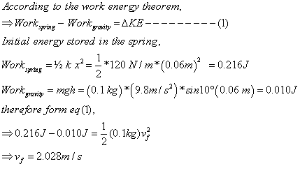 According to the work energy theorem, Workai AKE1) Initial energy stored in the spring, Work,pring2% kx2 #120N/m(0.06m)2 =0.