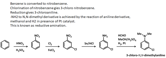 Benzene is converted to nitrobenzene. Chlorination of nitrobenzene gies 3-chloro nitrobenzene. Reduction gives 3-chloroanilin