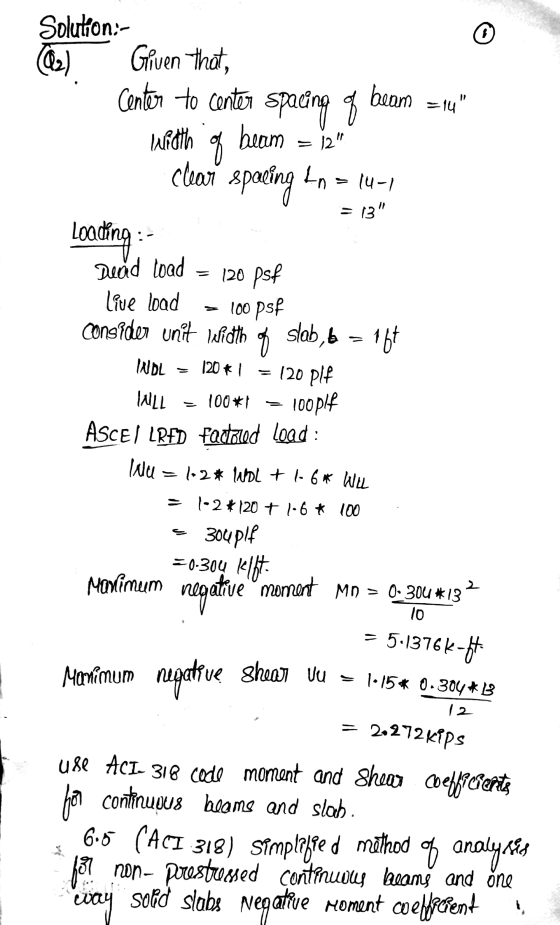 Solution:- Q2 o beam = 14 12 Width clear 14-1 = 13 Given that, Center to center spacing of beam spaling Ln Loading : 120 p