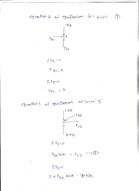 euations of equilibaium don dointc Ikip foc Fre Σ FJo FFC ezuations ot quilibouen afjoint D 2KiP 30 kip. fED ΣΗο 2+ FB ine -