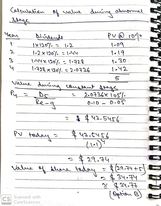 of value during abnormal Calculation stage pv@ 1000 - Dividends 1X120°. = 102 1-2x 120%. = 1-44 1-44x 120%. = 1.728 1.728 x 1