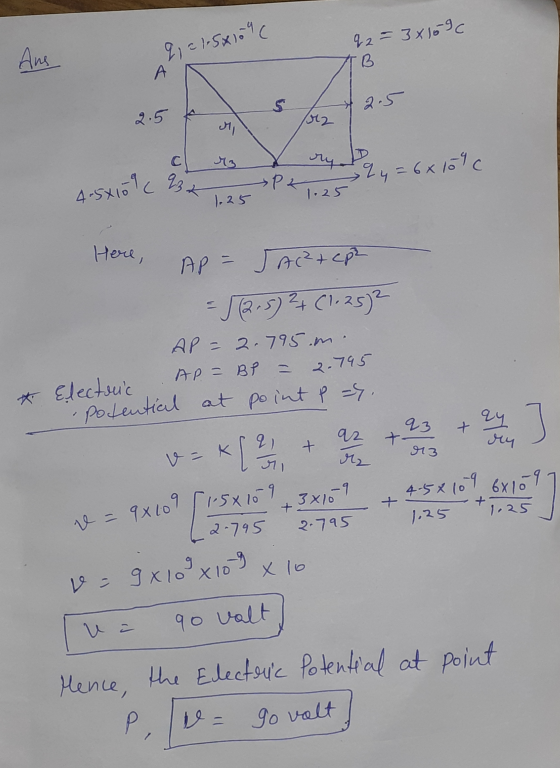 9 2 1.5x109 C q2 = 3x159c B A S 2.5 M С ry 4= 6x109 C Pk 1.25 1.25 v=9x109 [15x10 Ans 2.5 4.5X109 c 23 qy Here, AP = Jac²tep²
