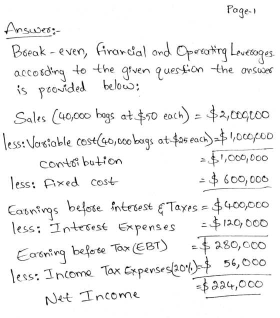 Page-1 Answers Break-even, financial and Operating Leverages. according to the given question the answer is provided below: S