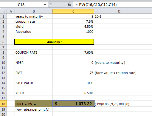 for --PV(C16,010, C12, C14) years to maturity coupon rate yield facevalue 9 10-1 7.6% 6.50% 1000 Annually: COUPON RATE 7.60%
