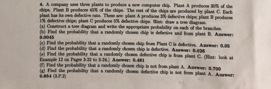 4. A company uses three plants to produce a new computer chip. Plant A produces 30% of the chips. Plant B produces 45% of the chips. The rest of the chips are produced by plant C. Each plant has its own defectiv rate. These are: plant A produces 3% defective chips, plant B produces 1% defective chips, plant C produces 5% defective chips. Hint: draw a tree diagram. (a) Construct a tree diagram and write the appropriate probability on each of the branches. (b) Find the probability that a randomly chosen chip is defective and from plant B. Answer: 0.0045 (c) Find the probability that a randomly chosen chip from Plant C is defective. Answer: 0.05 (d) Find the probability that a randomly chosen chip is defective. Answer: 0.026 (e) Find the probability that a randomly chosen defective chip is from plant C. (Hint: look at Example 12 on Pages 3-22 to 3-24.) Answer: 0.481 (f) Find the probability that a randomly chosen chip is not from plant A. Answer: 0.700 (g) Find the probability that a randomly chosen defective chip is not from plant A 0.654 (3.P.2) 5 . Answer:
