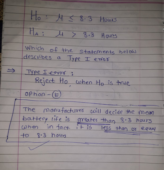 Ho : M < 8.3 Hours HA: u Ž 8.3 Hours Which of the statements below describes a Type I error Type I error : Reject Ho when Ho