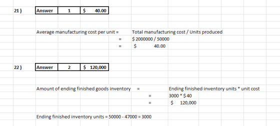 21) Answer 1 $ 40.00 Average manufacturing cost per unit = Total manufacturing cost / Units produced $ 2000000 / 50000 $ 40.0