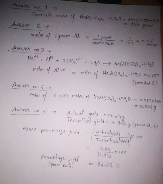 Answer mo. 1 oNaAlso4)212H,0 = 23+2792+216 458 mal Formula man Antwer 2 moles of pram 1gram atomic maM 0.037 molex 27 Anwer n