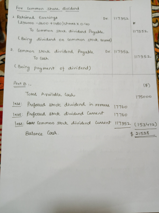 for common share dividend 1. Retained Earnings Dr. 117952 (296000 -2600 +1480) shares x 0.40 To common stock dividend Payable