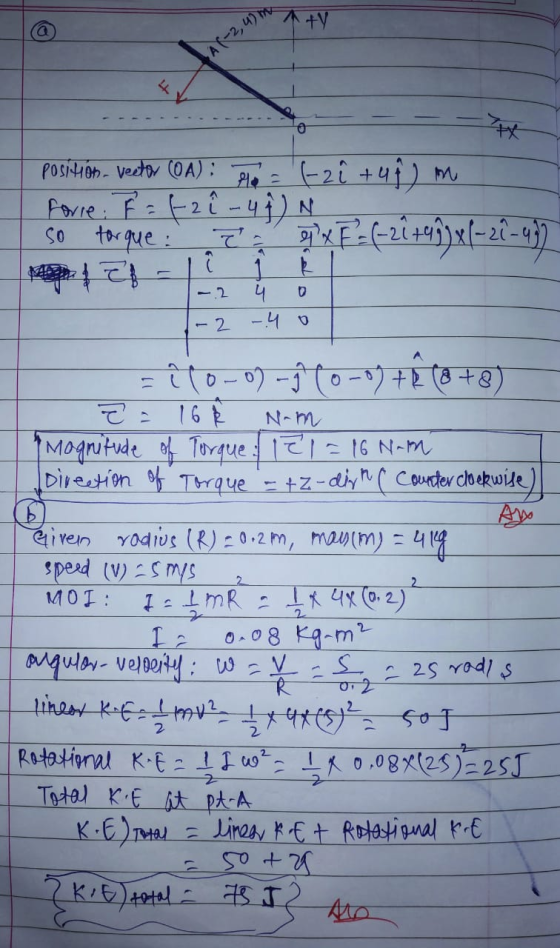AR-2, 4) m POSI46) - Veeter (OA): Re: [zi + 47) m Forie: F = (-21 - 4 f) N. so torque: 2 - 4x F = (-2 -2 u o 1-2 -40 =î to-0)