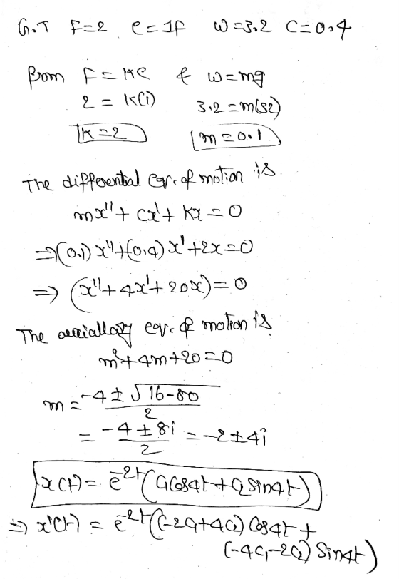 - GoT f-2. e=lf W=302 C=0.4 from fane & wang 2 = klo) 3.25m () x=20 im=oo) The differential Gorr of motion is mat + cat kay