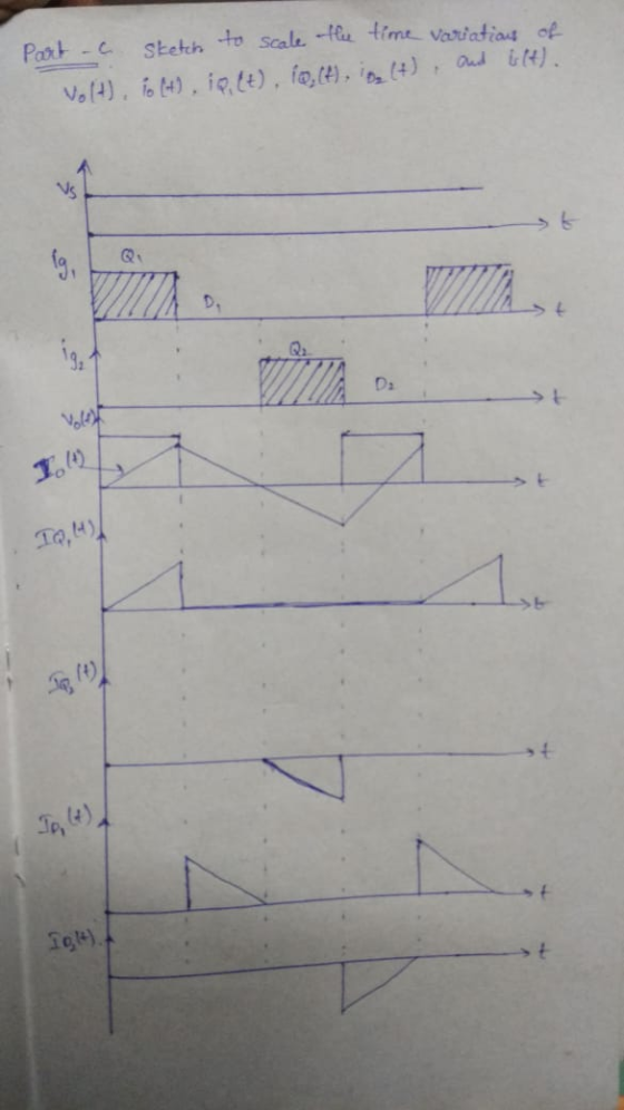 Part-C Sketch to scale -te time Variatious of Volt), fo (4), i0,lt), fo,t), i (4), and Gt). D1 Vol 1.42 1g4).