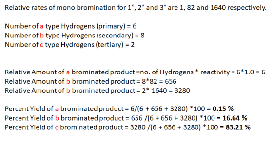 Relative rates of mono bromination for 1°, 2° and 3° are 1, 82 and 1640 respectively. Number of a type Hydrogens (primary) =