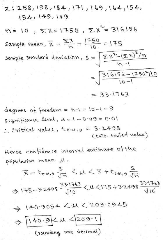 χ : 258, 193, 184-. Я/ , I 69, 1.4, 154, 154, 14-9,14o ample mean, X =-=-To- 05 s (x Sample standard dard deviation, S Σχ2.Sx