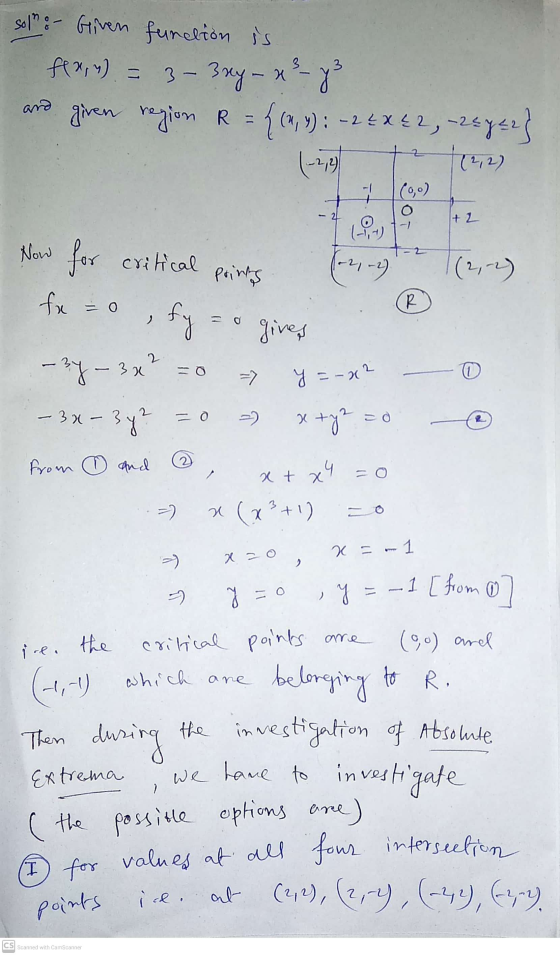 solmo - Giren function is f(x,y) = 3-3 ny – x²-23 given region R = {(2, 4) : - 2 EX42, 25y =2} 12,2) ana (-2,9 (0,0) O - 2 +